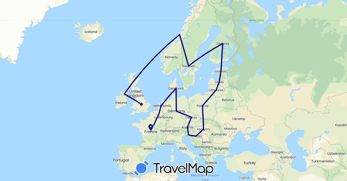 TravelMap itinerary: driving in Austria, Belgium, Czech Republic, Germany, Denmark, Estonia, Finland, France, United Kingdom, Croatia, Hungary, Lithuania, Latvia, Netherlands, Norway, Poland, Sweden, Slovenia, Slovakia (Europe)